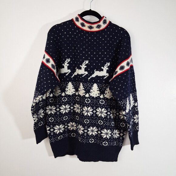 Not Ugly Christmas Sweater DEAN'S OF SCOTLAND Wool Mock Turtleneck Navy Large - Picture 1 of 9